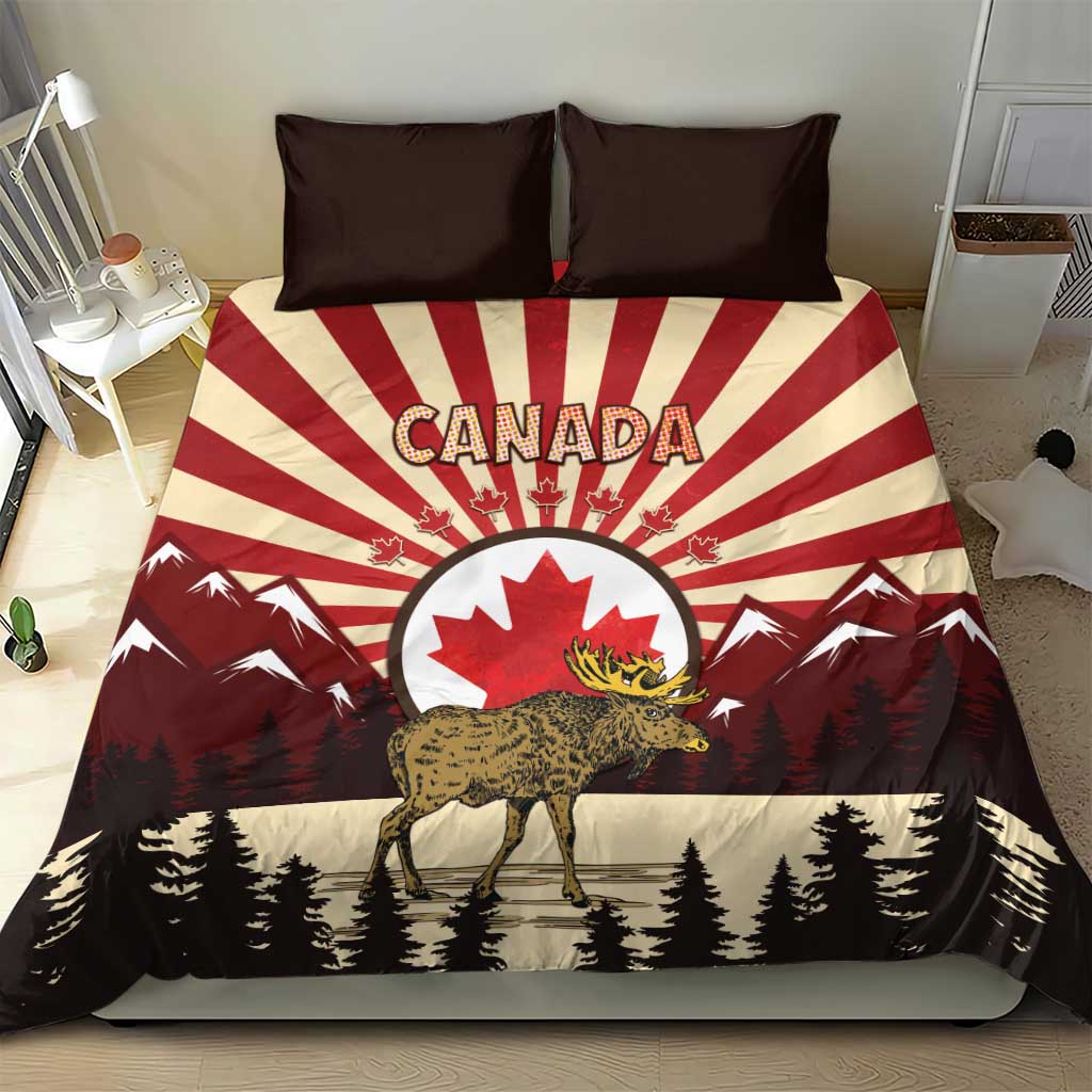 Personalized Canada Maple Leaf Bedding Set Moose And Forest Retro Style