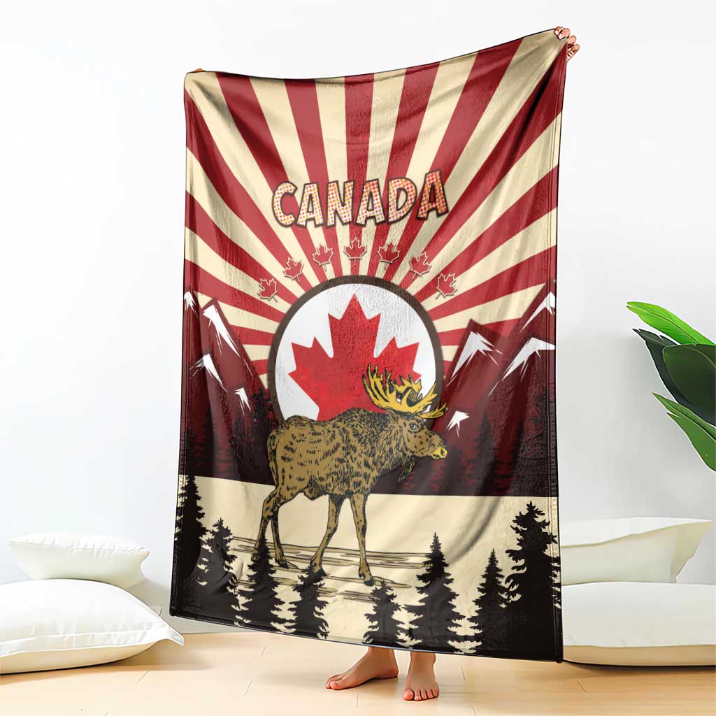 Personalized Canada Maple Leaf Blanket Moose And Forest Retro Style