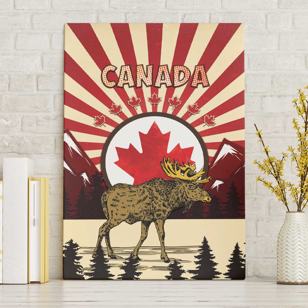 Personalized Canada Maple Leaf Canvas Wall Art Moose And Forest Retro Style