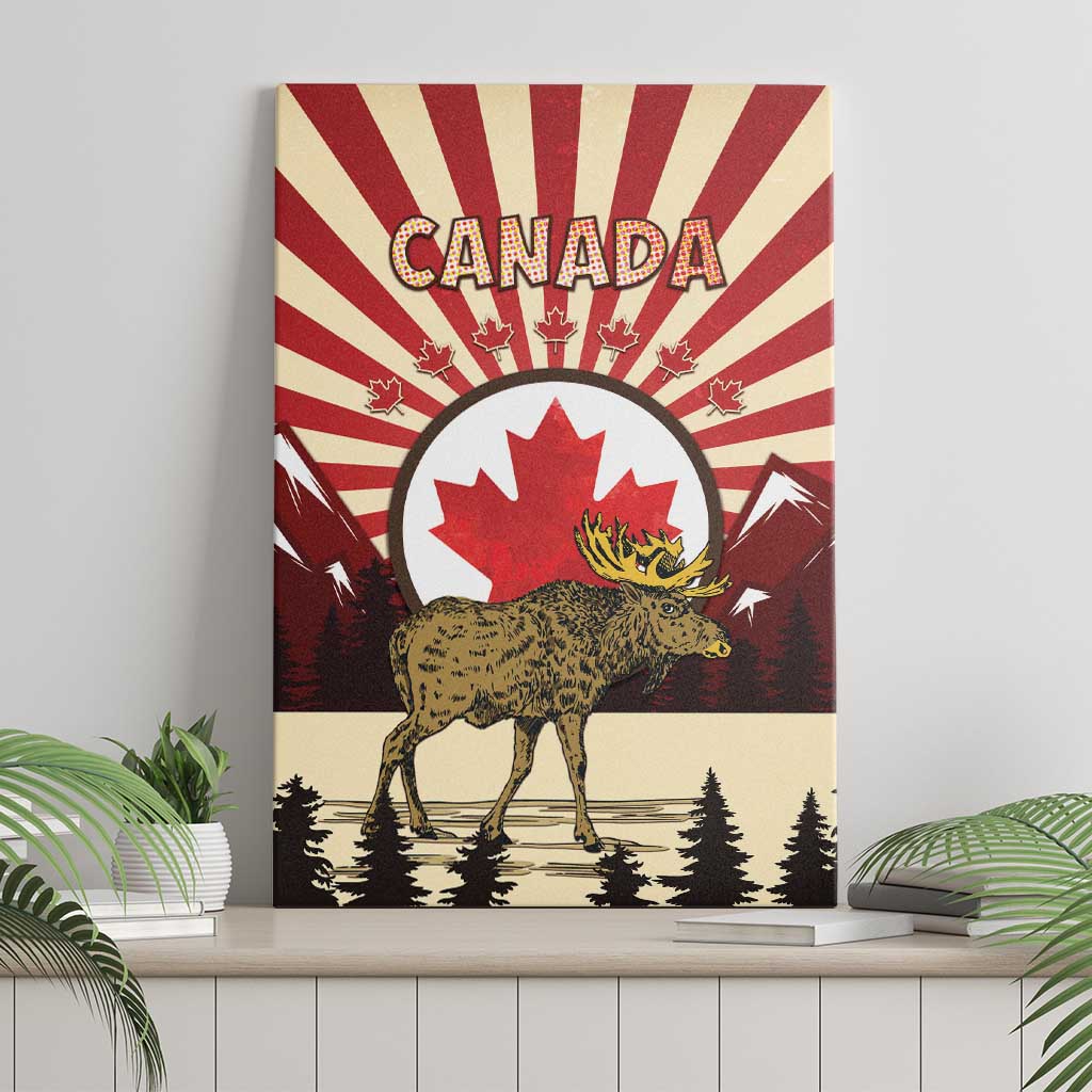 Personalized Canada Maple Leaf Canvas Wall Art Moose And Forest Retro Style