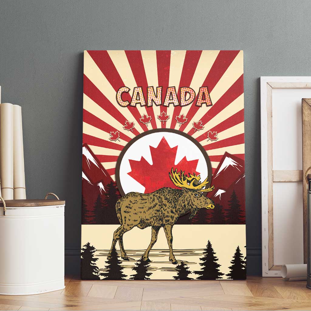 Personalized Canada Maple Leaf Canvas Wall Art Moose And Forest Retro Style