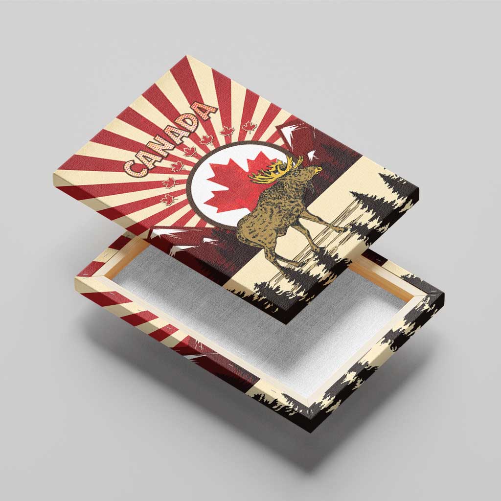 Personalized Canada Maple Leaf Canvas Wall Art Moose And Forest Retro Style