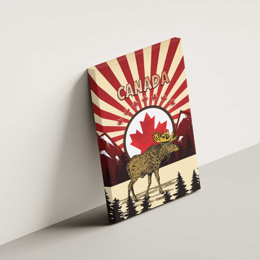 Personalized Canada Maple Leaf Canvas Wall Art Moose And Forest Retro Style