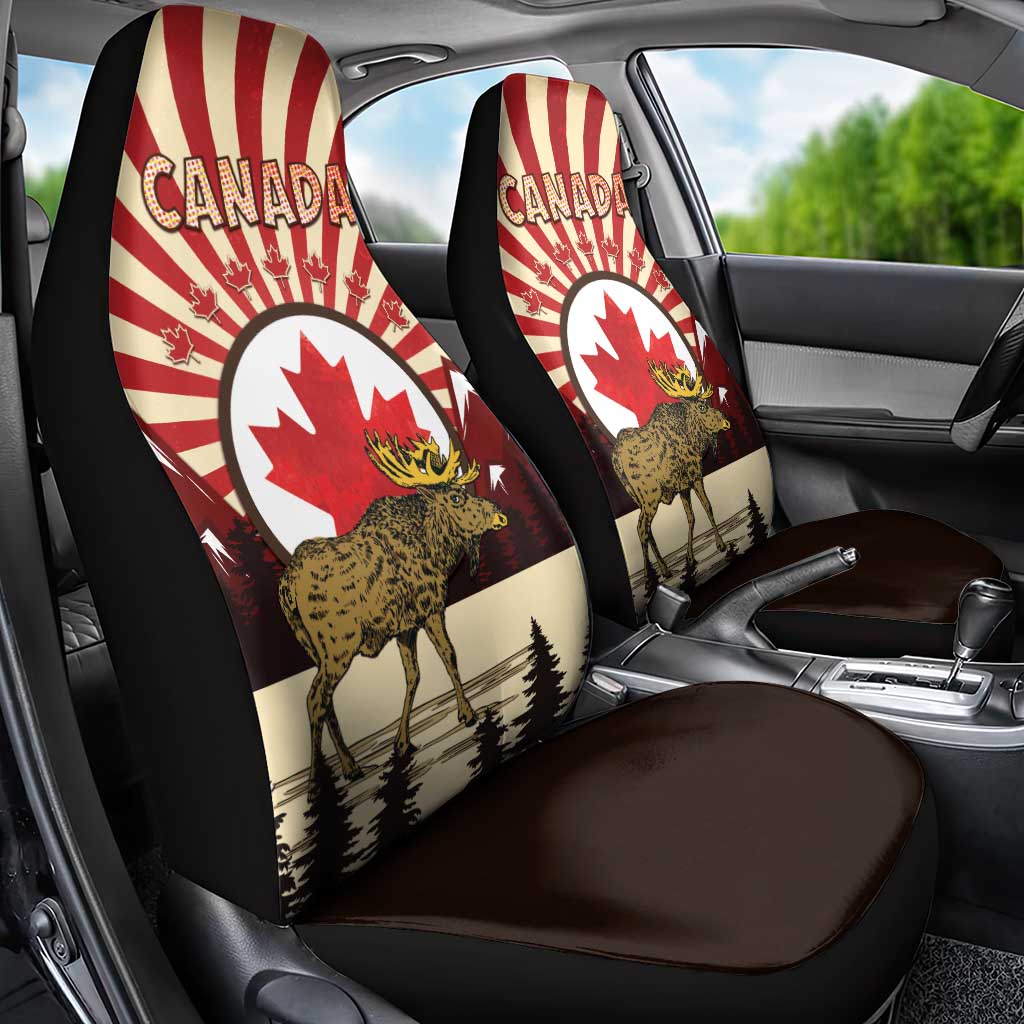 Personalized Canada Maple Leaf Car Seat Cover Moose And Forest Retro Style