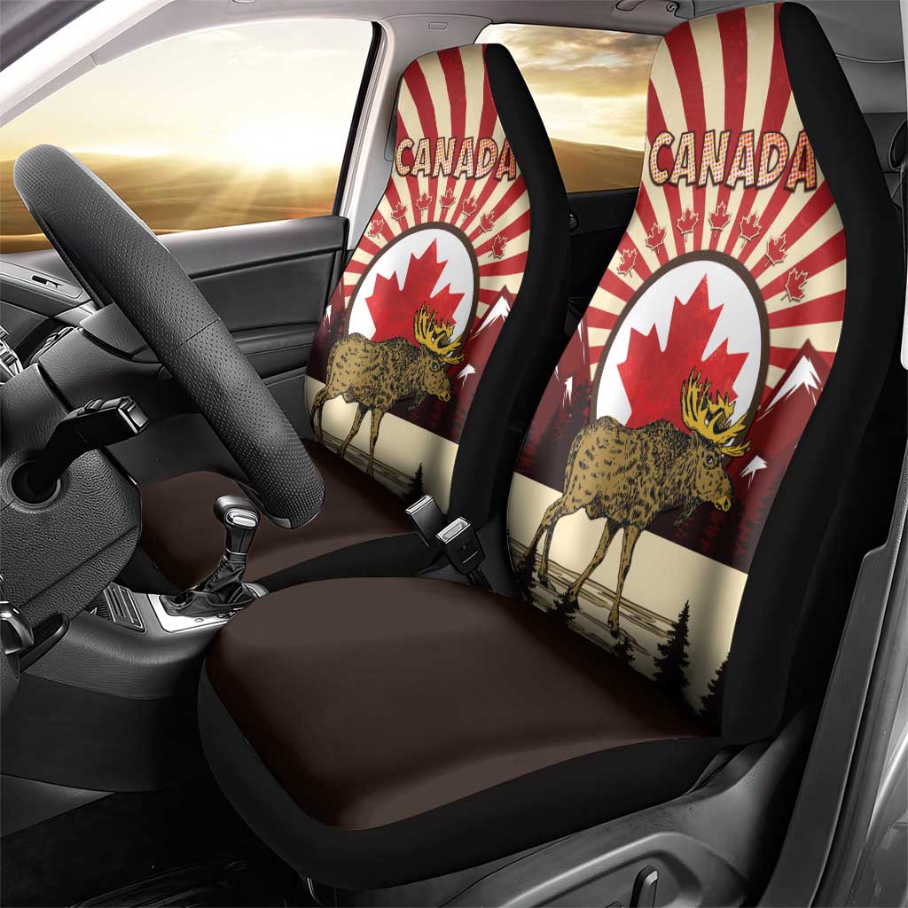 Personalized Canada Maple Leaf Car Seat Cover Moose And Forest Retro Style