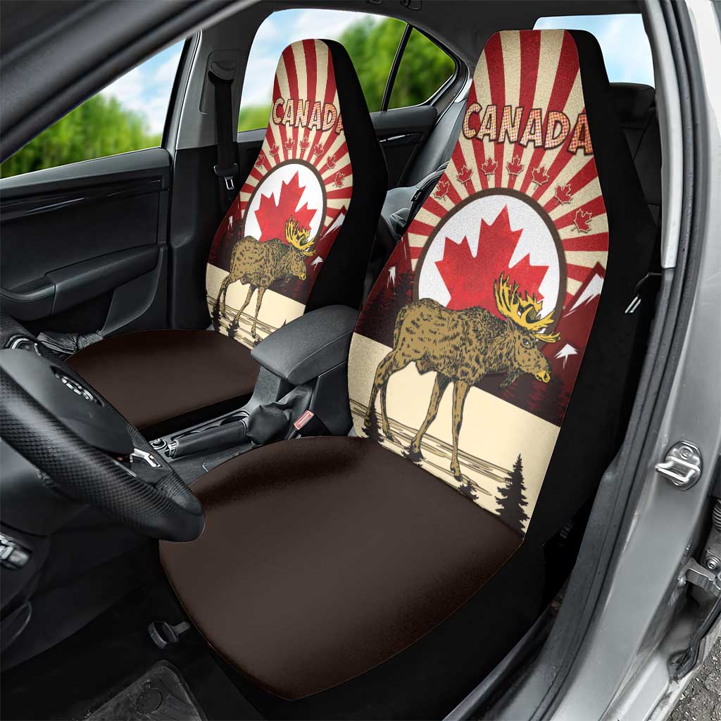 Personalized Canada Maple Leaf Car Seat Cover Moose And Forest Retro Style