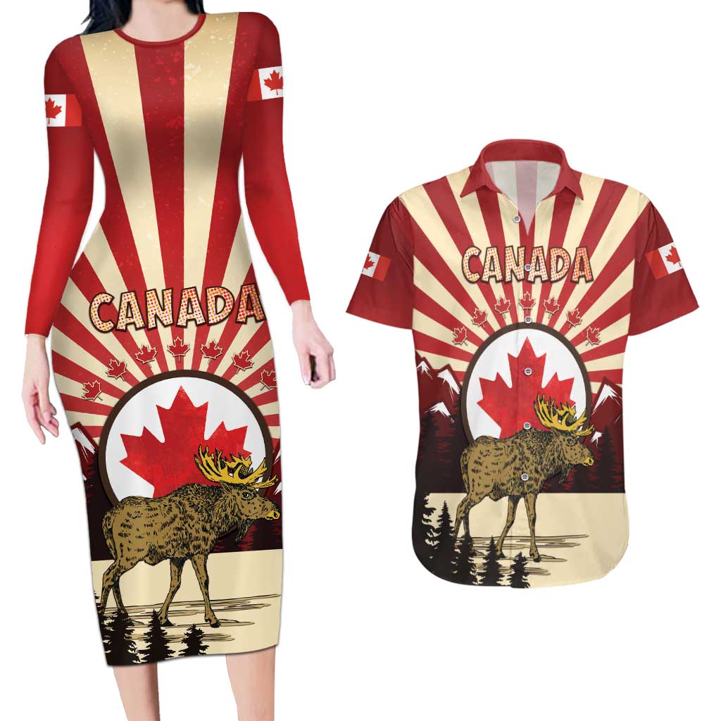 Personalized Canada Maple Leaf Couples Matching Long Sleeve Bodycon Dress and Hawaiian Shirt Moose And Forest Retro Style
