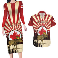 Personalized Canada Maple Leaf Couples Matching Long Sleeve Bodycon Dress and Hawaiian Shirt Moose And Forest Retro Style