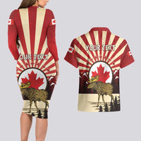 Personalized Canada Maple Leaf Couples Matching Long Sleeve Bodycon Dress and Hawaiian Shirt Moose And Forest Retro Style
