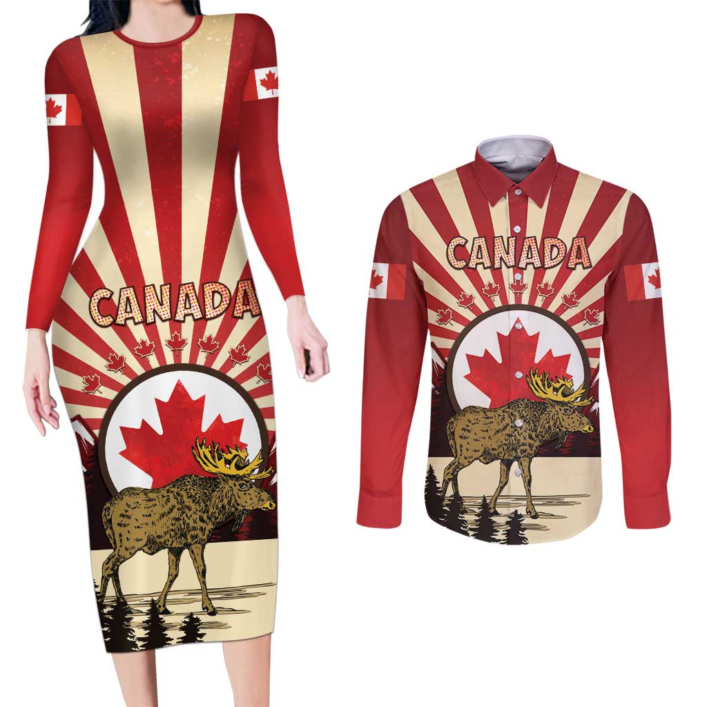 Personalized Canada Maple Leaf Couples Matching Long Sleeve Bodycon Dress and Long Sleeve Button Shirt Moose And Forest Retro Style