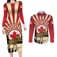 Personalized Canada Maple Leaf Couples Matching Long Sleeve Bodycon Dress and Long Sleeve Button Shirt Moose And Forest Retro Style