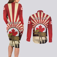 Personalized Canada Maple Leaf Couples Matching Long Sleeve Bodycon Dress and Long Sleeve Button Shirt Moose And Forest Retro Style