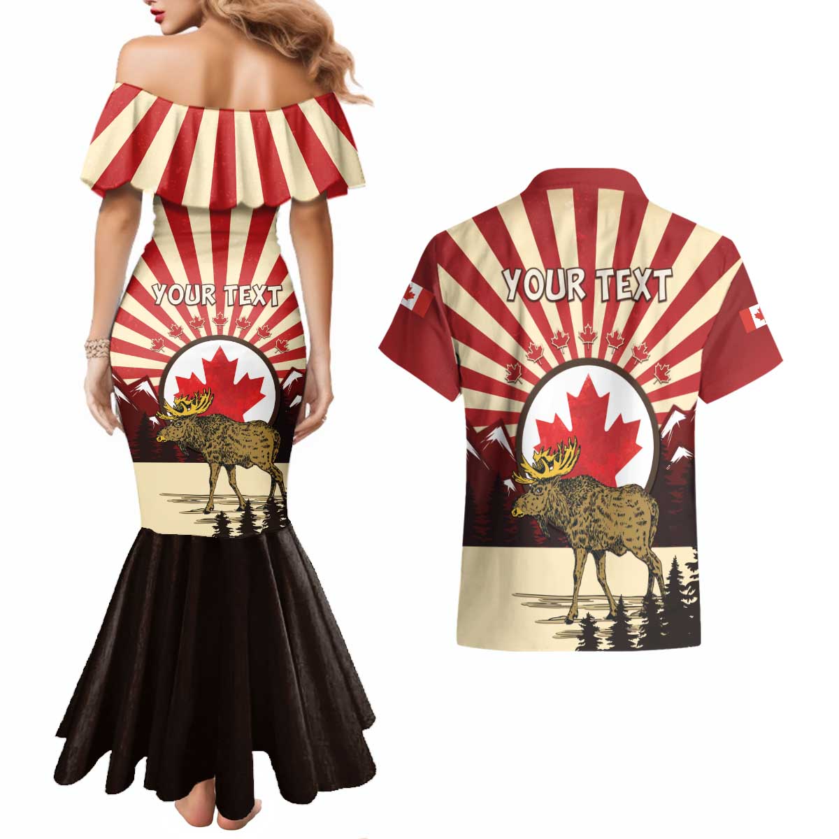 Personalized Canada Maple Leaf Couples Matching Mermaid Dress and Hawaiian Shirt Moose And Forest Retro Style