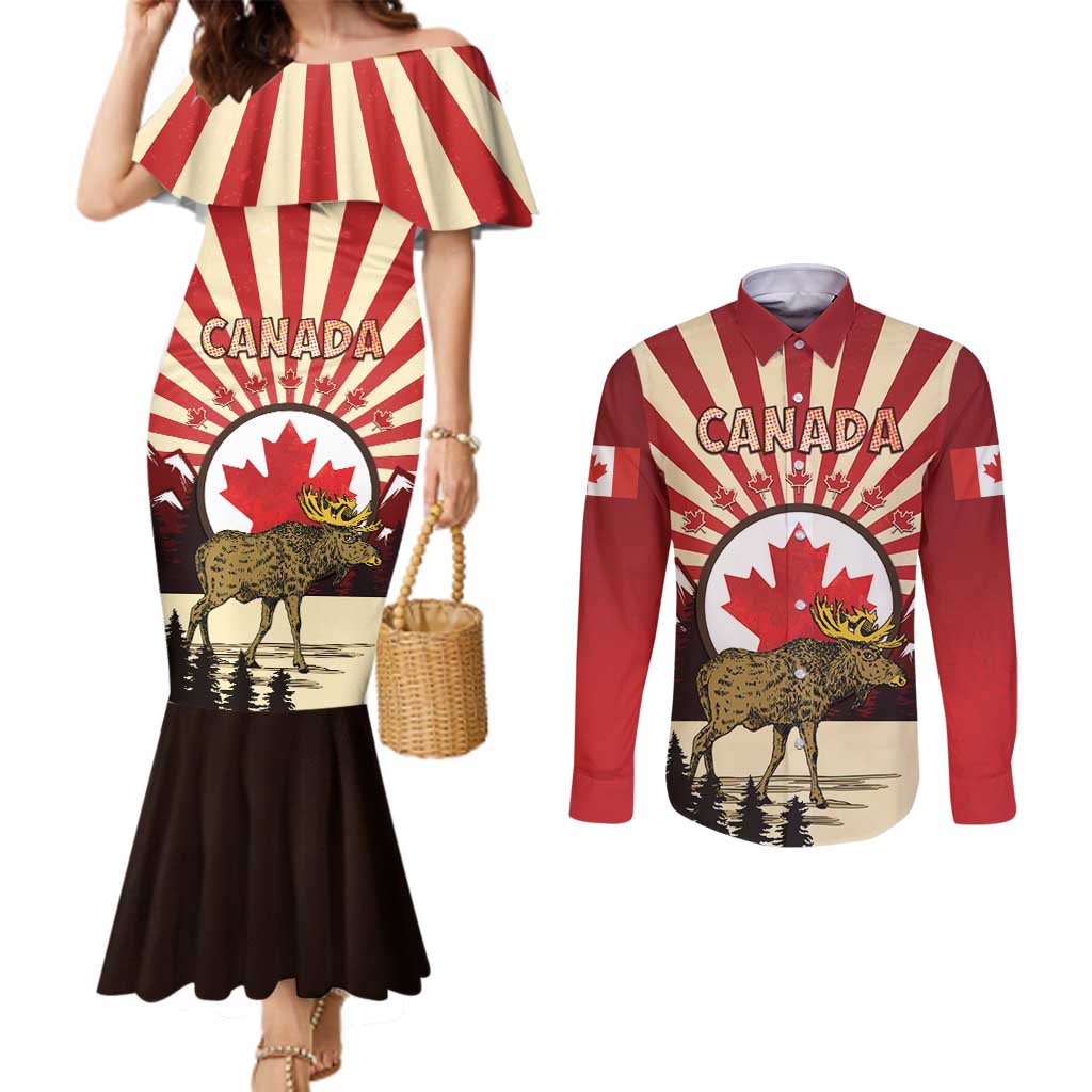 Personalized Canada Maple Leaf Couples Matching Mermaid Dress and Long Sleeve Button Shirt Moose And Forest Retro Style