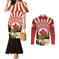Personalized Canada Maple Leaf Couples Matching Mermaid Dress and Long Sleeve Button Shirt Moose And Forest Retro Style