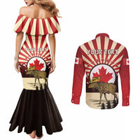 Personalized Canada Maple Leaf Couples Matching Mermaid Dress and Long Sleeve Button Shirt Moose And Forest Retro Style