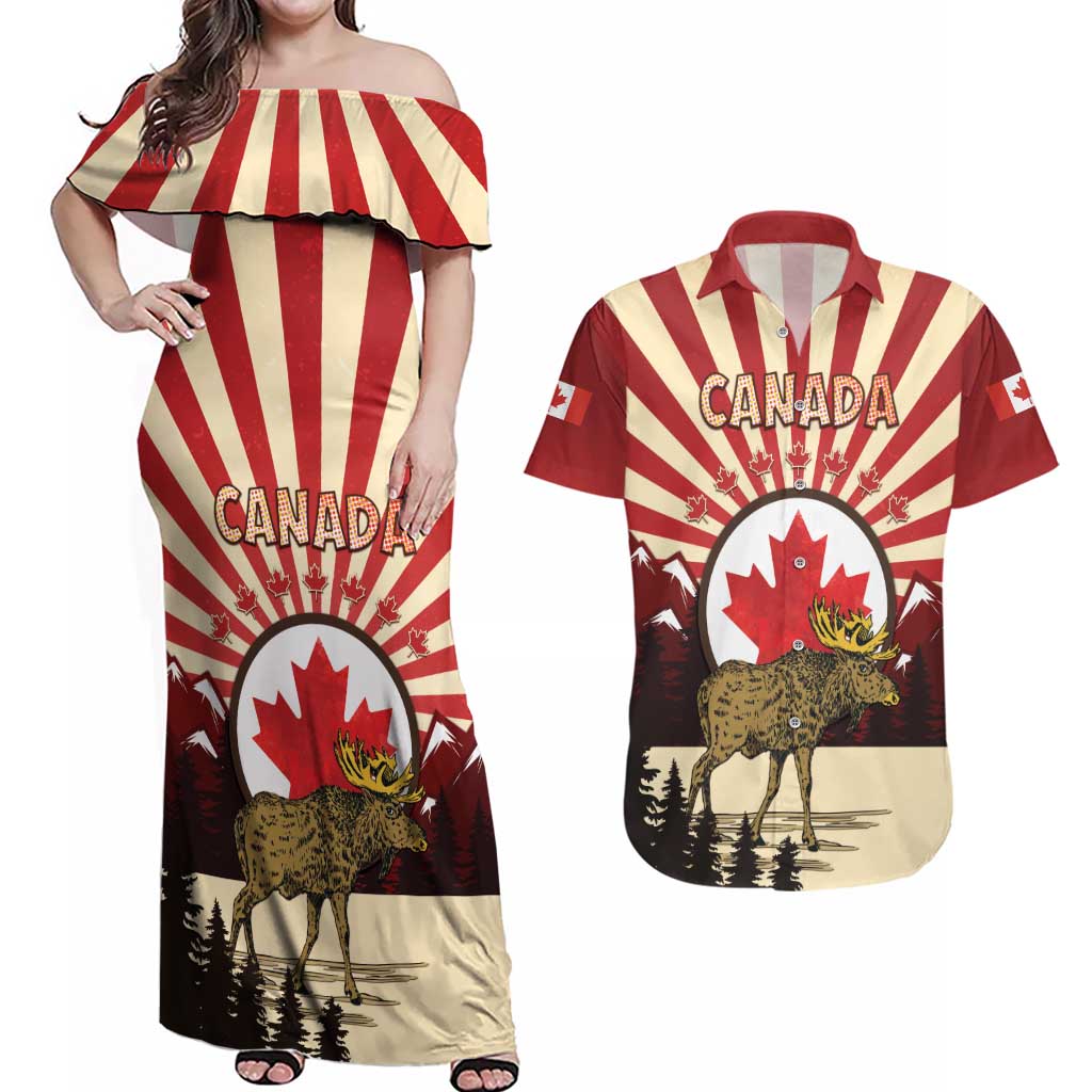 Personalized Canada Maple Leaf Couples Matching Off Shoulder Maxi Dress and Hawaiian Shirt Moose And Forest Retro Style