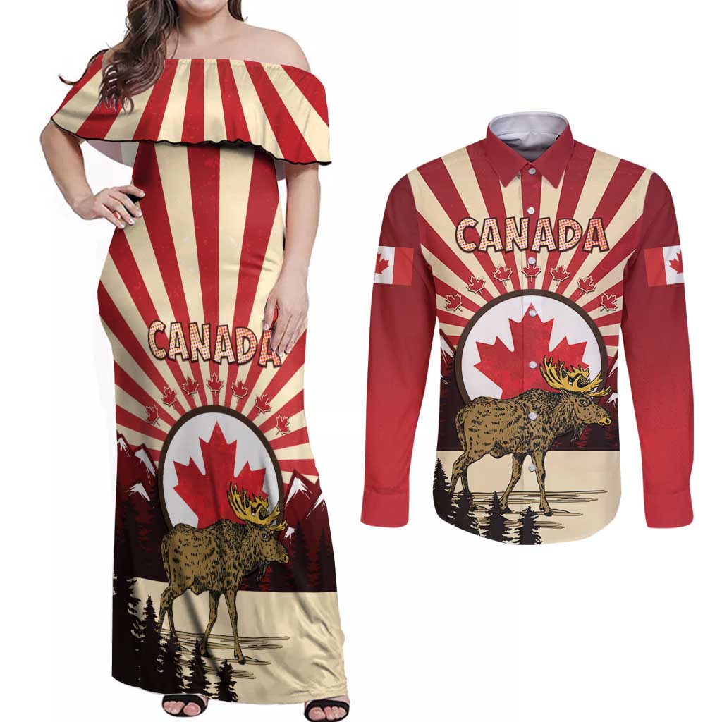 Personalized Canada Maple Leaf Couples Matching Off Shoulder Maxi Dress and Long Sleeve Button Shirt Moose And Forest Retro Style