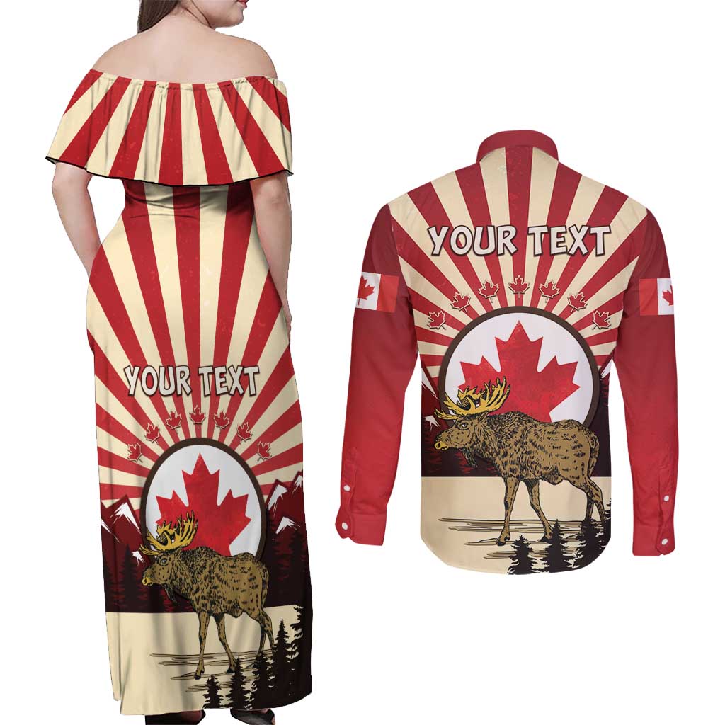 Personalized Canada Maple Leaf Couples Matching Off Shoulder Maxi Dress and Long Sleeve Button Shirt Moose And Forest Retro Style