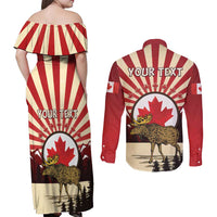 Personalized Canada Maple Leaf Couples Matching Off Shoulder Maxi Dress and Long Sleeve Button Shirt Moose And Forest Retro Style