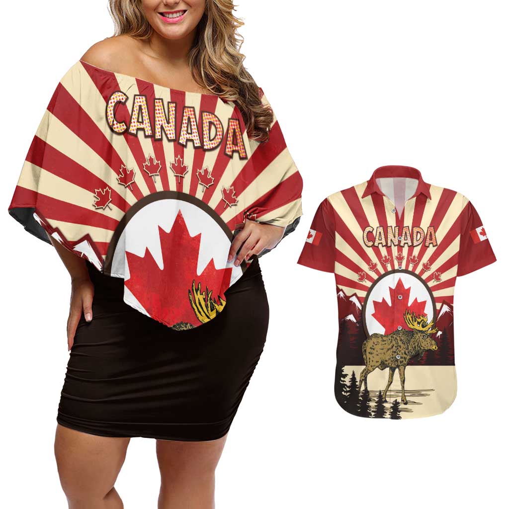 Personalized Canada Maple Leaf Couples Matching Off Shoulder Short Dress and Hawaiian Shirt Moose And Forest Retro Style