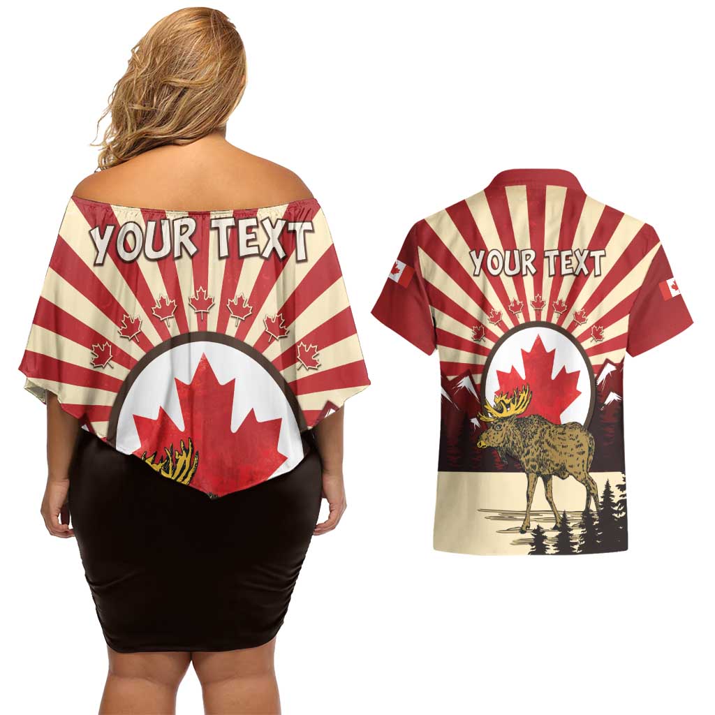 Personalized Canada Maple Leaf Couples Matching Off Shoulder Short Dress and Hawaiian Shirt Moose And Forest Retro Style