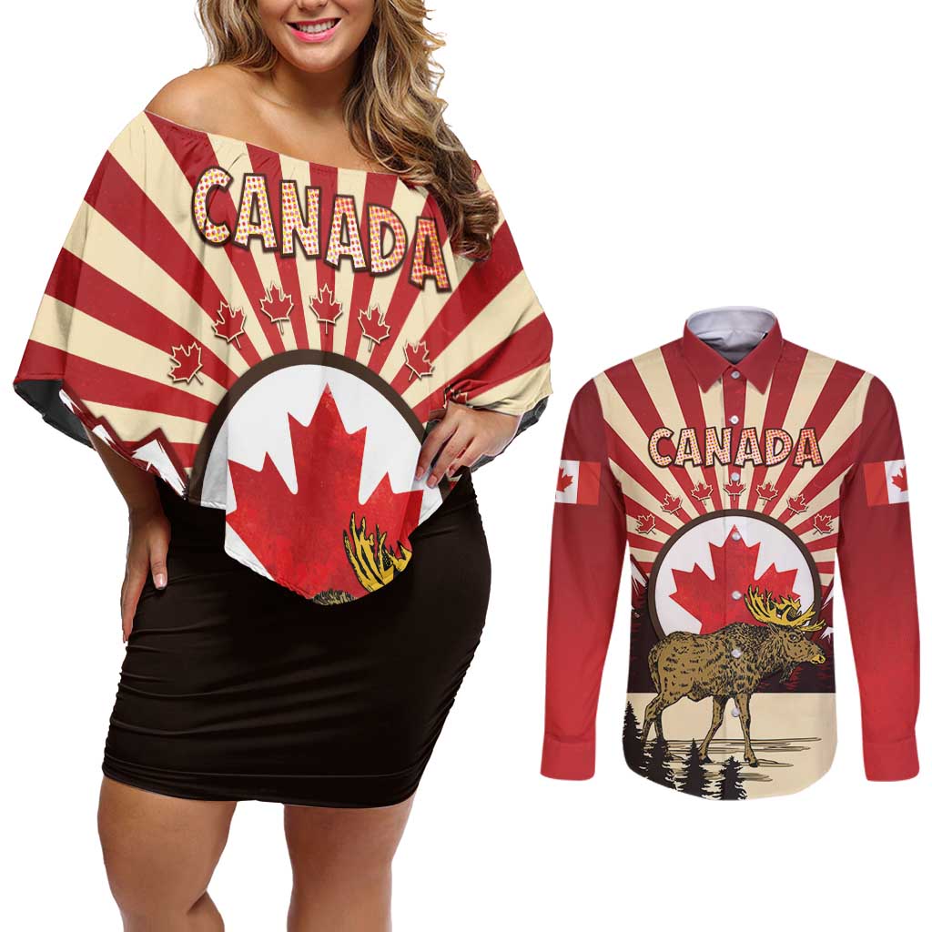 Personalized Canada Maple Leaf Couples Matching Off Shoulder Short Dress and Long Sleeve Button Shirt Moose And Forest Retro Style