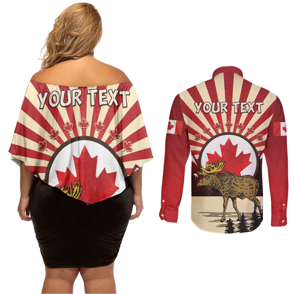 Personalized Canada Maple Leaf Couples Matching Off Shoulder Short Dress and Long Sleeve Button Shirt Moose And Forest Retro Style