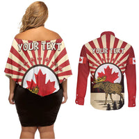 Personalized Canada Maple Leaf Couples Matching Off Shoulder Short Dress and Long Sleeve Button Shirt Moose And Forest Retro Style