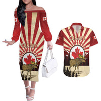 Personalized Canada Maple Leaf Couples Matching Off The Shoulder Long Sleeve Dress and Hawaiian Shirt Moose And Forest Retro Style