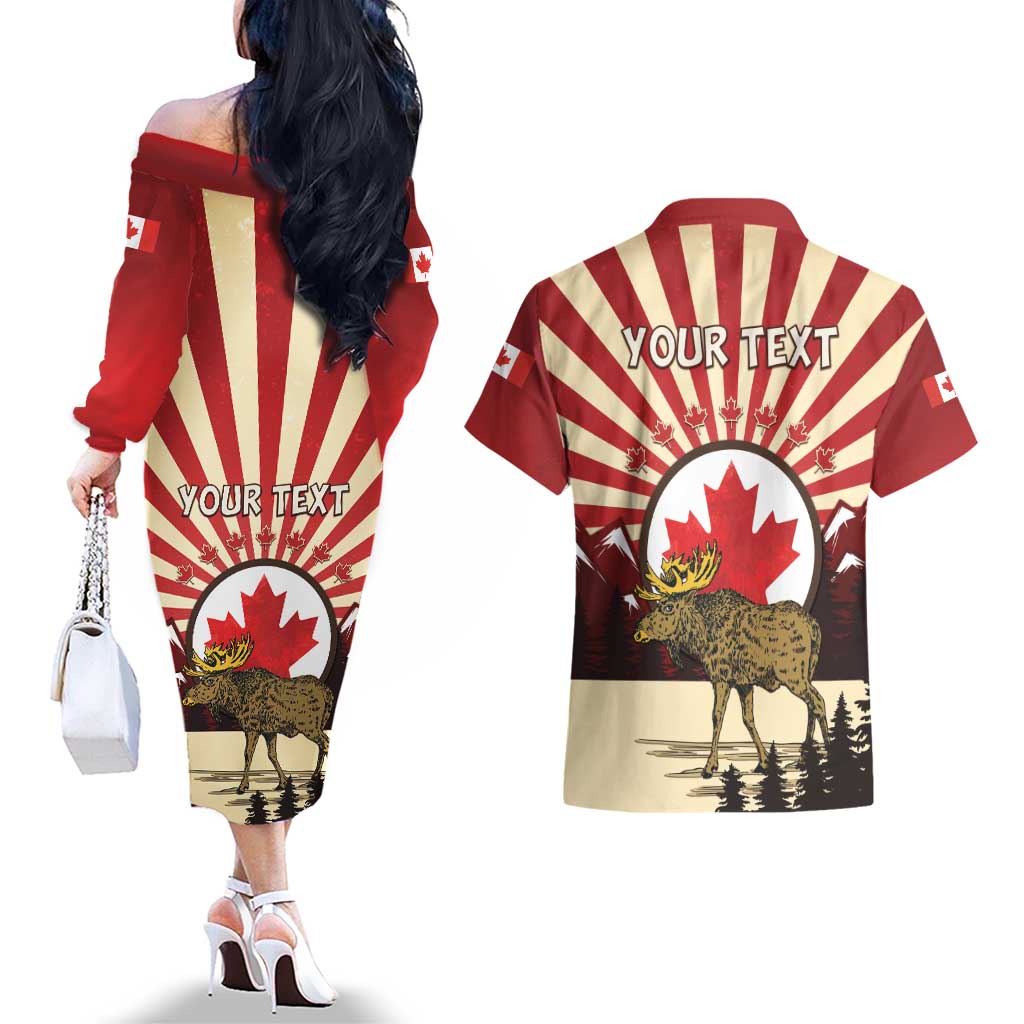 Personalized Canada Maple Leaf Couples Matching Off The Shoulder Long Sleeve Dress and Hawaiian Shirt Moose And Forest Retro Style