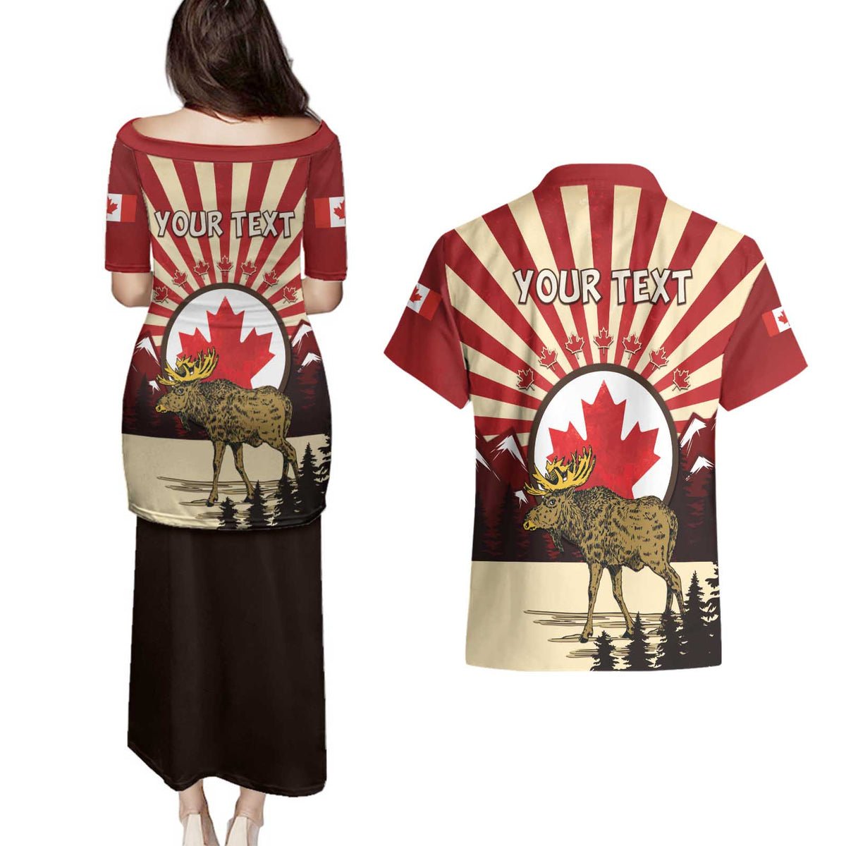 Personalized Canada Maple Leaf Couples Matching Puletasi and Hawaiian Shirt Moose And Forest Retro Style
