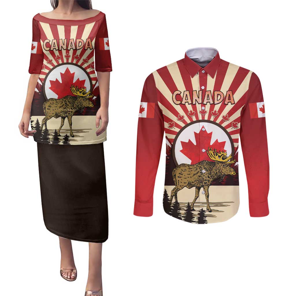 Personalized Canada Maple Leaf Couples Matching Puletasi and Long Sleeve Button Shirt Moose And Forest Retro Style
