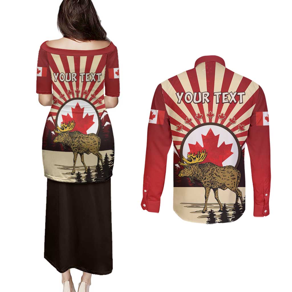 Personalized Canada Maple Leaf Couples Matching Puletasi and Long Sleeve Button Shirt Moose And Forest Retro Style