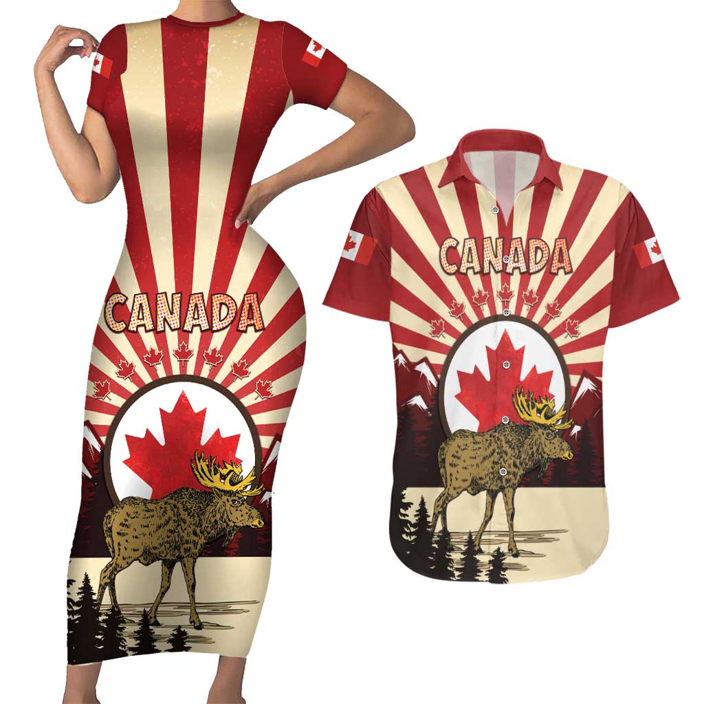 Personalized Canada Maple Leaf Couples Matching Short Sleeve Bodycon Dress and Hawaiian Shirt Moose And Forest Retro Style