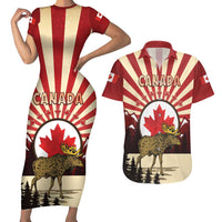 Personalized Canada Maple Leaf Couples Matching Short Sleeve Bodycon Dress and Hawaiian Shirt Moose And Forest Retro Style