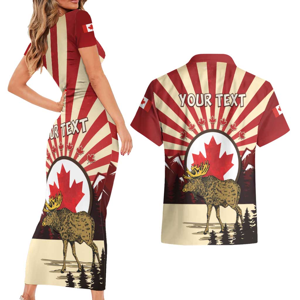 Personalized Canada Maple Leaf Couples Matching Short Sleeve Bodycon Dress and Hawaiian Shirt Moose And Forest Retro Style