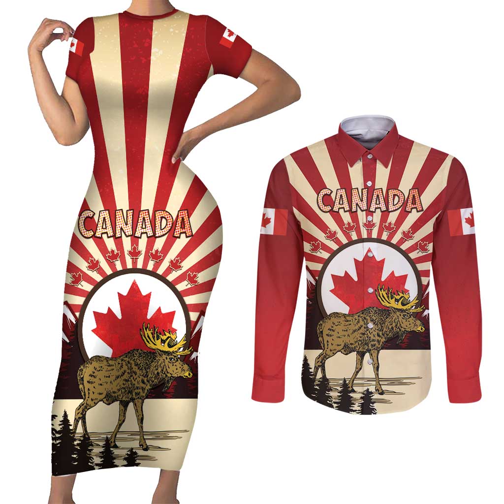 Personalized Canada Maple Leaf Couples Matching Short Sleeve Bodycon Dress and Long Sleeve Button Shirt Moose And Forest Retro Style