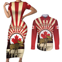 Personalized Canada Maple Leaf Couples Matching Short Sleeve Bodycon Dress and Long Sleeve Button Shirt Moose And Forest Retro Style