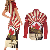 Personalized Canada Maple Leaf Couples Matching Short Sleeve Bodycon Dress and Long Sleeve Button Shirt Moose And Forest Retro Style