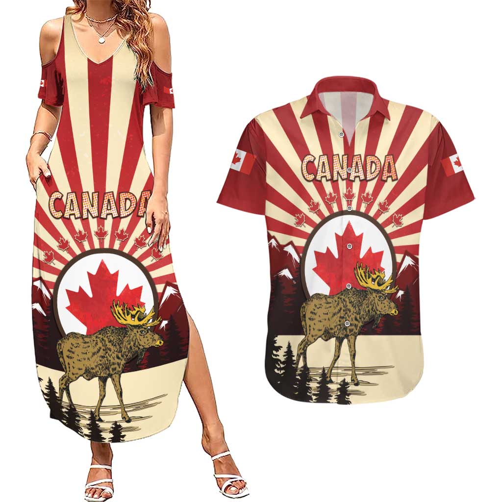 Personalized Canada Maple Leaf Couples Matching Summer Maxi Dress and Hawaiian Shirt Moose And Forest Retro Style