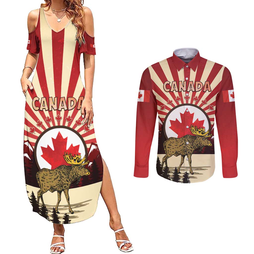 Personalized Canada Maple Leaf Couples Matching Summer Maxi Dress and Long Sleeve Button Shirt Moose And Forest Retro Style