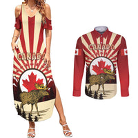 Personalized Canada Maple Leaf Couples Matching Summer Maxi Dress and Long Sleeve Button Shirt Moose And Forest Retro Style