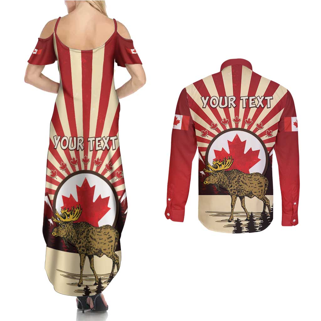 Personalized Canada Maple Leaf Couples Matching Summer Maxi Dress and Long Sleeve Button Shirt Moose And Forest Retro Style