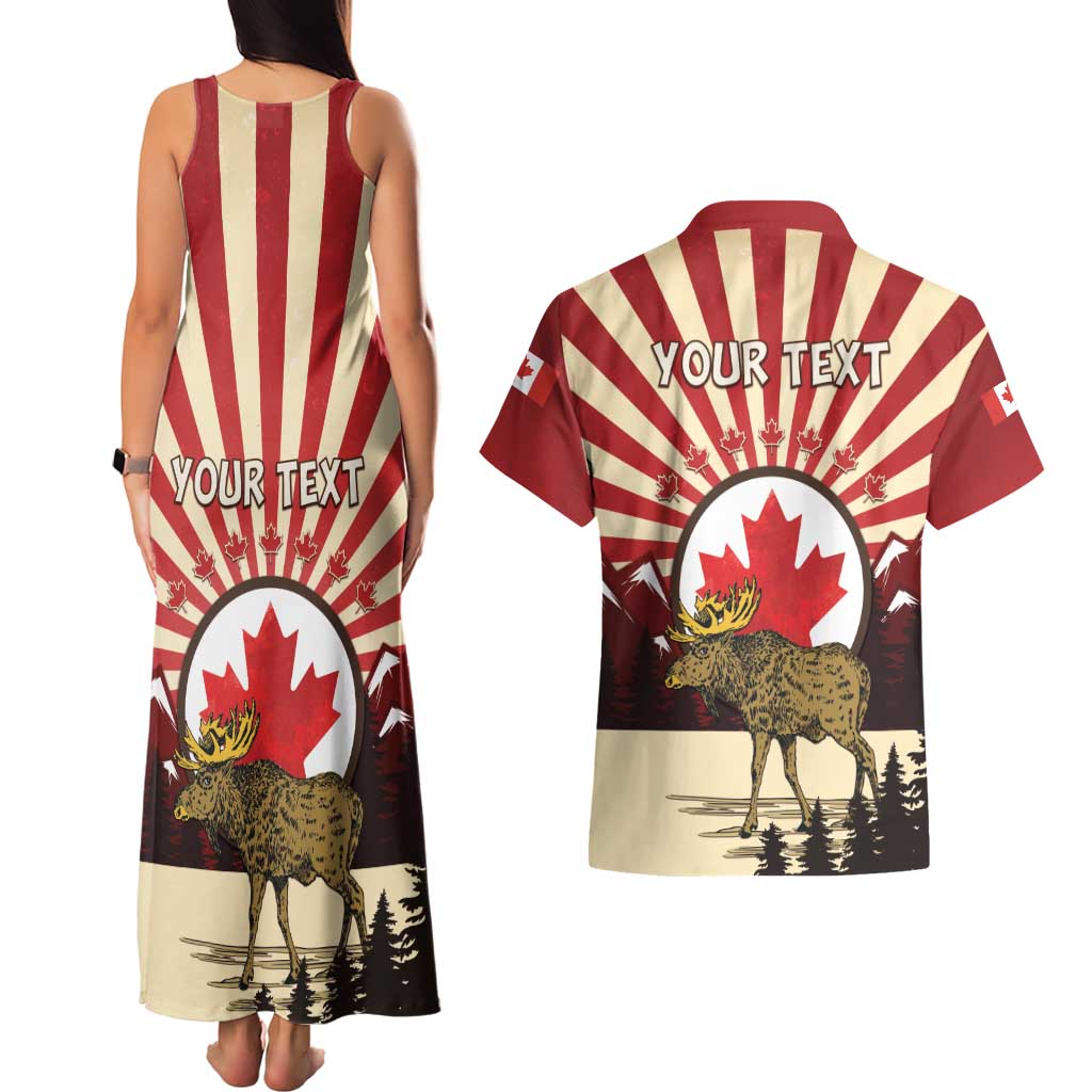 Personalized Canada Maple Leaf Couples Matching Tank Maxi Dress and Hawaiian Shirt Moose And Forest Retro Style