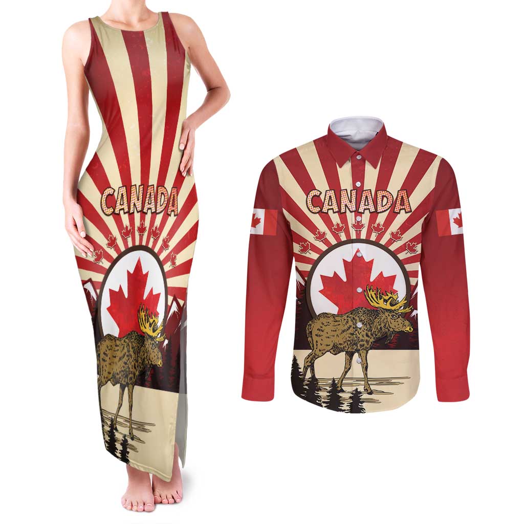 Personalized Canada Maple Leaf Couples Matching Tank Maxi Dress and Long Sleeve Button Shirt Moose And Forest Retro Style