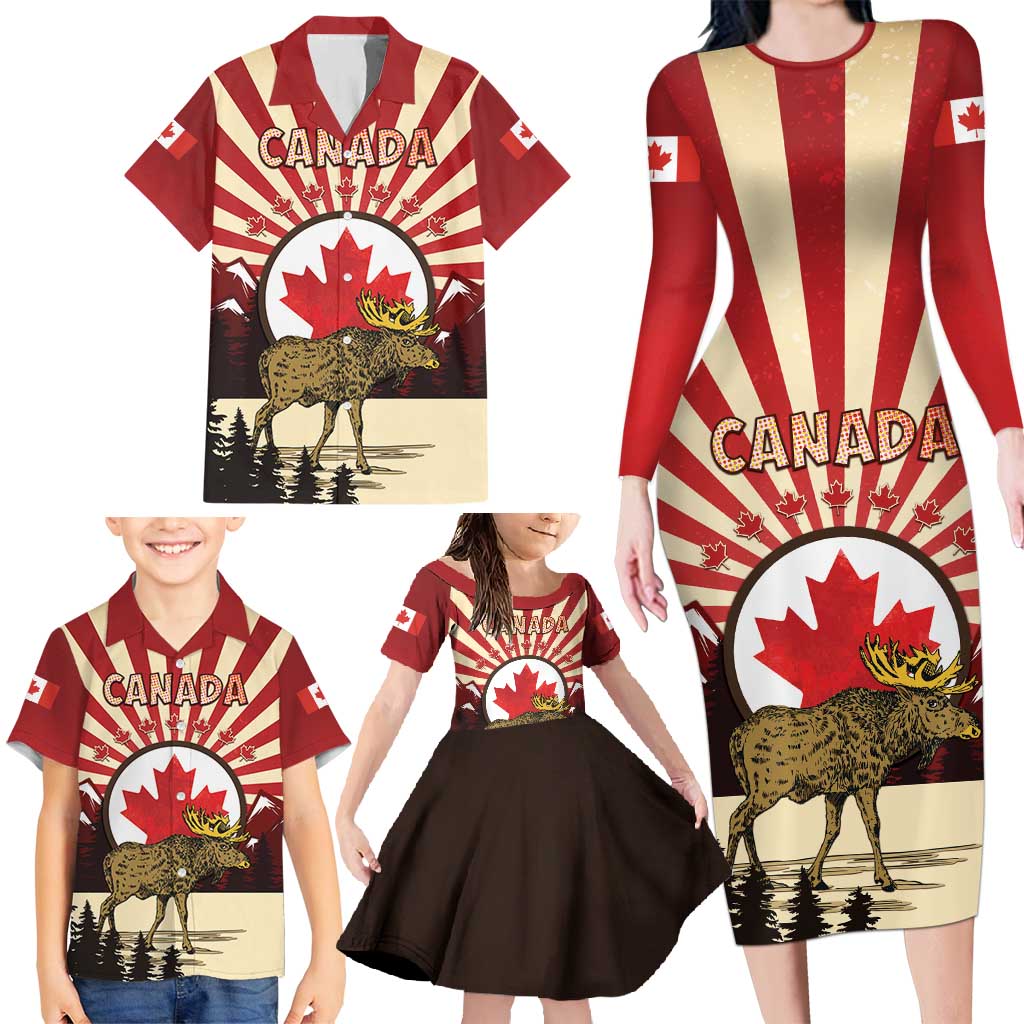 Personalized Canada Maple Leaf Family Matching Long Sleeve Bodycon Dress and Hawaiian Shirt Moose And Forest Retro Style