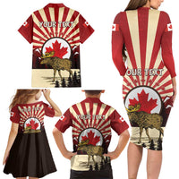 Personalized Canada Maple Leaf Family Matching Long Sleeve Bodycon Dress and Hawaiian Shirt Moose And Forest Retro Style