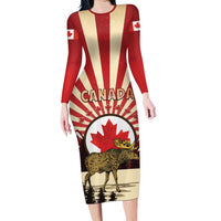 Personalized Canada Maple Leaf Family Matching Long Sleeve Bodycon Dress and Hawaiian Shirt Moose And Forest Retro Style