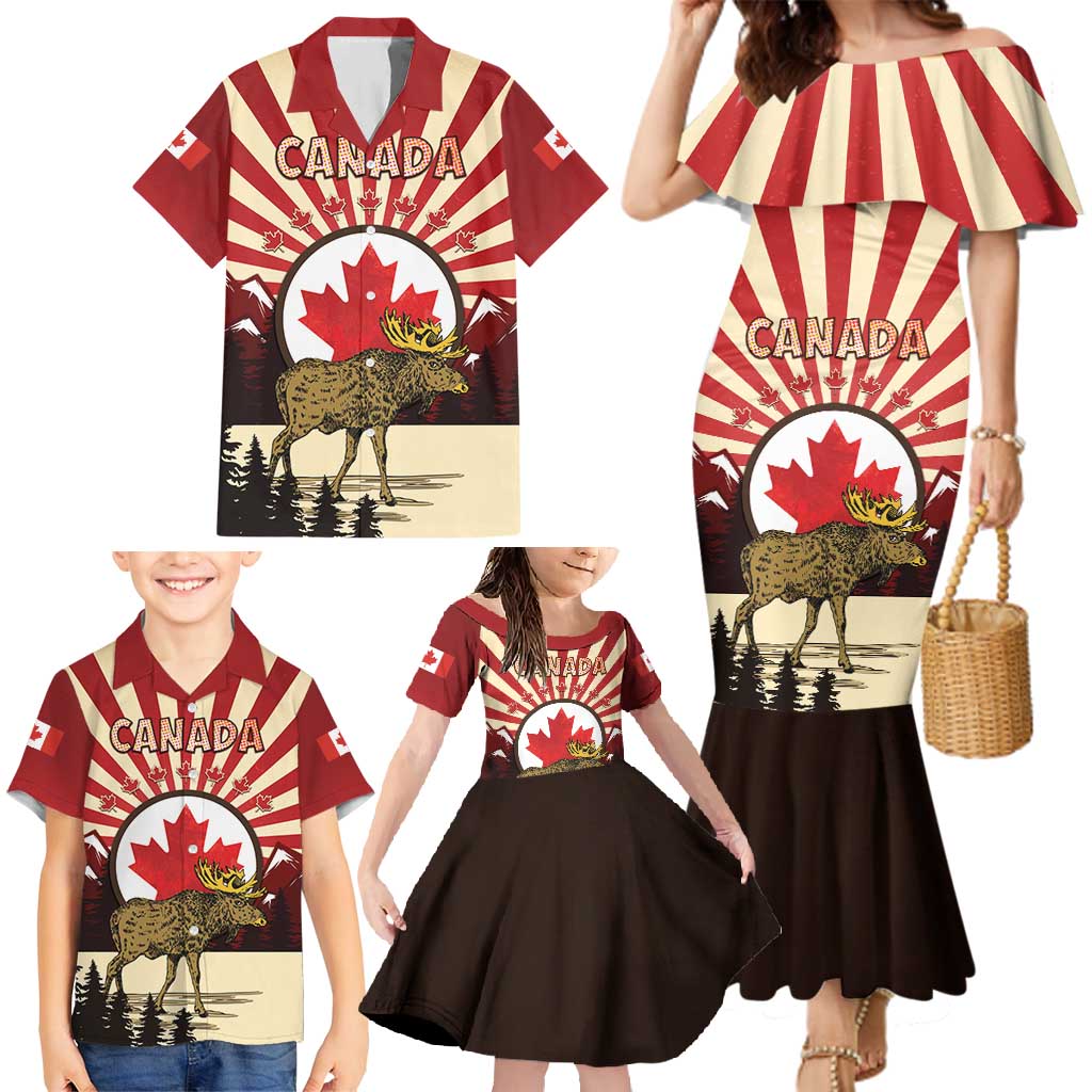 Personalized Canada Maple Leaf Family Matching Mermaid Dress and Hawaiian Shirt Moose And Forest Retro Style